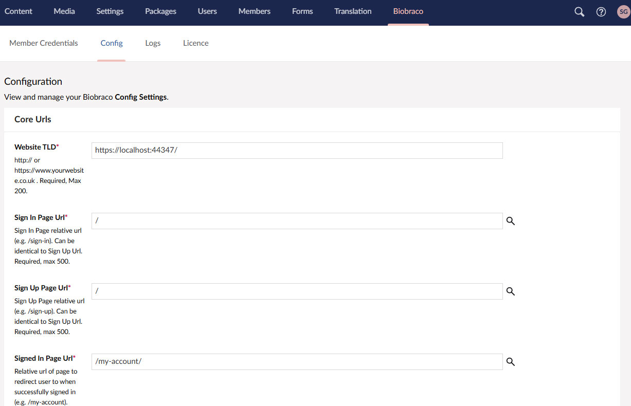 Biobraco Umbraco Back Office Configuration