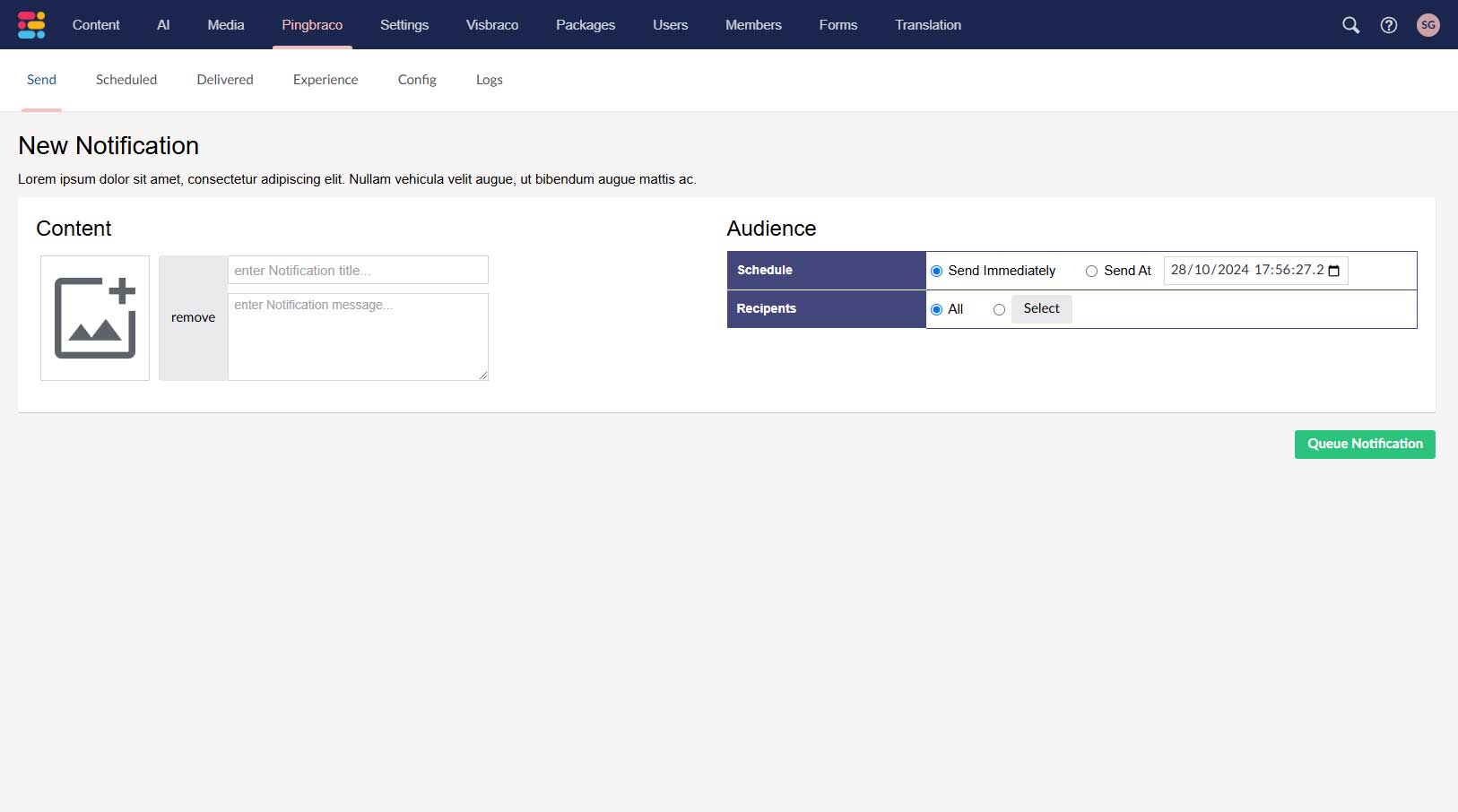 Pinbraco Umbraco Push Notifications Plugin Add New Screen