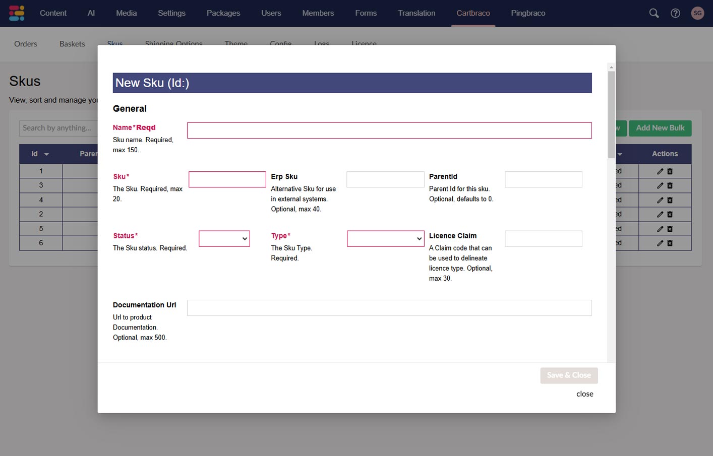 Cartbraco Umbraco Ecommerce New Sku