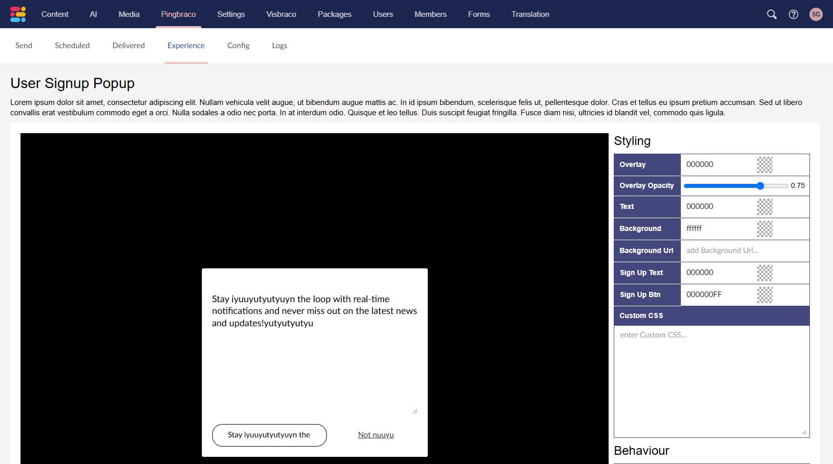 Pingbraco Umbraco Push Notifications Plugin Experience Screen